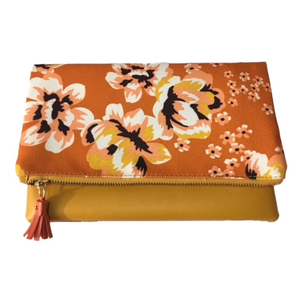 Rachel Pally Reversible Clutch Pouch Bag Floral Orange Gold Canvas Faux Leather